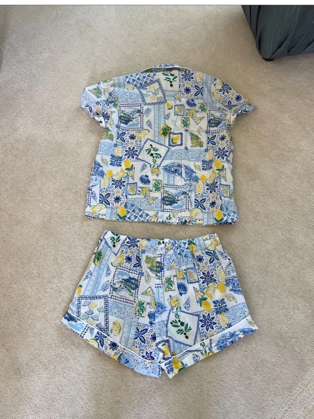 NWOT J. Crew Blue, Yellow & White Lemon Tile Print Short Pajama Set